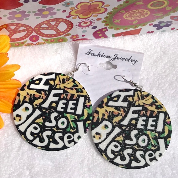 Large Boho Christian Earrings Wood Dangle Blessed - Picture 1 of 4